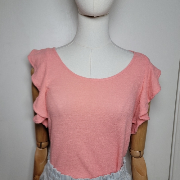 Madewell Texture & Thread J Crew Pink Ruffle Sleeve 100% Cotton Top Size Small - Picture 3 of 9